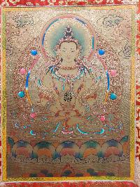 [24k Gold], Buddhist Hand Painting Thangka Of Aparimita, Amitayus, With Brocade, [hand Painted, Chepame