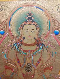 [24k Gold], Buddhist Hand Painting Thangka Of Aparimita, Amitayus, With Brocade, [hand Painted, Chepame