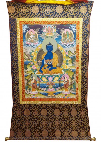 Buddhist Hand Painting Thangka Of Medicine Buddha, White Tara, Aparimita And Green Tara On The Top, With Brocade, [hand Painted, Real Gold]