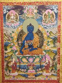 Buddhist Hand Painting Thangka Of Medicine Buddha, White Tara, Aparimita And Green Tara On The Top, With Brocade, [hand Painted, Real Gold]