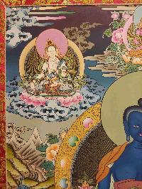Buddhist Hand Painting Thangka Of Medicine Buddha, White Tara, Aparimita And Green Tara On The Top, With Brocade, [hand Painted, Real Gold]