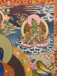 Buddhist Hand Painting Thangka Of Medicine Buddha, White Tara, Aparimita And Green Tara On The Top, With Brocade, [hand Painted, Real Gold]