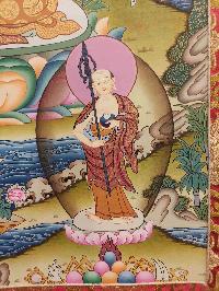 Buddhist Hand Painting Thangka Of Medicine Buddha, White Tara, Aparimita And Green Tara On The Top, With Brocade, [hand Painted, Real Gold]