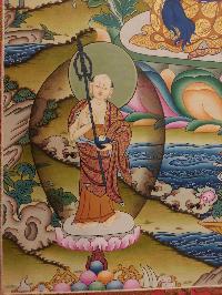 Buddhist Hand Painting Thangka Of Medicine Buddha, White Tara, Aparimita And Green Tara On The Top, With Brocade, [hand Painted, Real Gold]