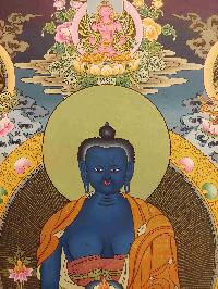 Buddhist Hand Painting Thangka Of Medicine Buddha, White Tara, Aparimita And Green Tara On The Top, With Brocade, [hand Painted, Real Gold]