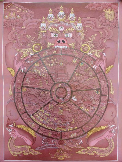 Buddhist Hand Painting Thangka Of Wheel Of Life, [hand Painted, Real Gold]