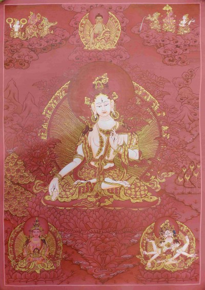 Buddhist Hand Painting Thangka Of White Tara, Shakyamuni Buddha On Top And Aparimita And Namgyalma Bottom, [hand Painted, Real Gold]