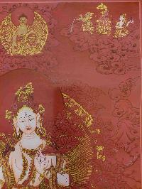 Buddhist Hand Painting Thangka Of White Tara, Shakyamuni Buddha On Top And Aparimita And Namgyalma Bottom, [hand Painted, Real Gold]