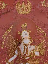 Buddhist Hand Painting Thangka Of White Tara, Shakyamuni Buddha On Top And Aparimita And Namgyalma Bottom, [hand Painted, Real Gold]