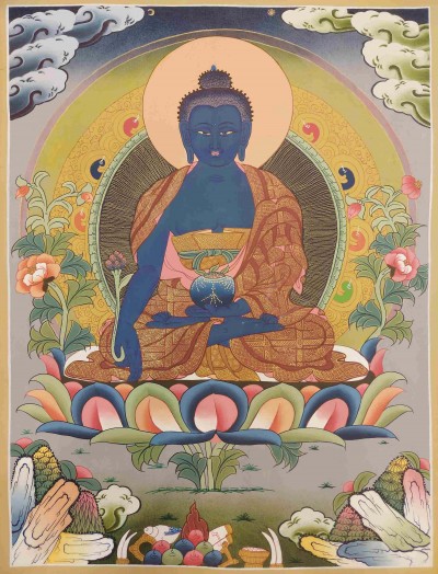 [24k Gold], Buddhist Hand Painting Thangka Of Medicine Buddha, [hand Painted, Real Gold]