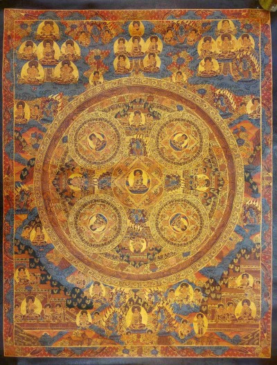 Buddhist Hand Painting Thangka Of Pancha Buddha Mandala, [hand Painted, Real Gold]