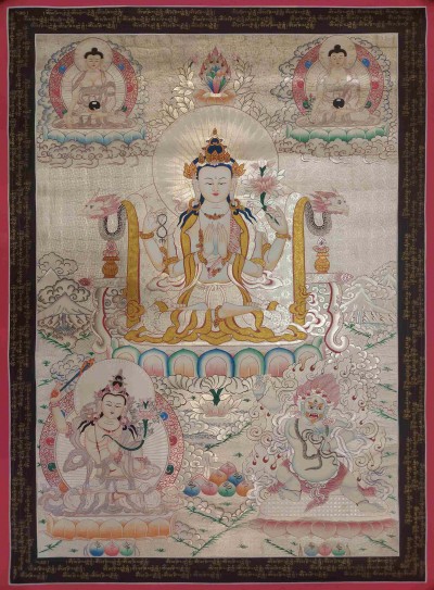 Buddhist Hand Painting Thangka Of Chenrezig, Shakyamuni Buddha, Medicine Buddha, [hand Painted, Real Gold], Three Great Bodhisattvas