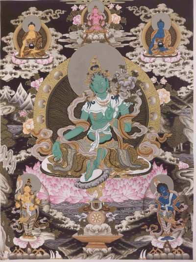 Buddhist Hand Painting Thangka Of Green Tara, Shakyamuni Buddha, Aparimita And Ratnasambhava Buddha, [hand Painted, Real Gold], Lamas Art
