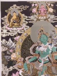 Buddhist Hand Painting Thangka Of Green Tara, Shakyamuni Buddha, Aparimita And Ratnasambhava Buddha, [hand Painted, Real Gold], Lamas Art