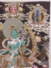 Buddhist Hand Painting Thangka Of Green Tara, Shakyamuni Buddha, Aparimita And Ratnasambhava Buddha, [hand Painted, Real Gold], Lamas Art