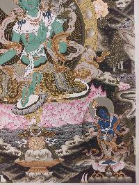 Buddhist Hand Painting Thangka Of Green Tara, Shakyamuni Buddha, Aparimita And Ratnasambhava Buddha, [hand Painted, Real Gold], Lamas Art