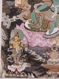 Buddhist Hand Painting Thangka Of Green Tara, Shakyamuni Buddha, Aparimita And Ratnasambhava Buddha, [hand Painted, Real Gold], Lamas Art