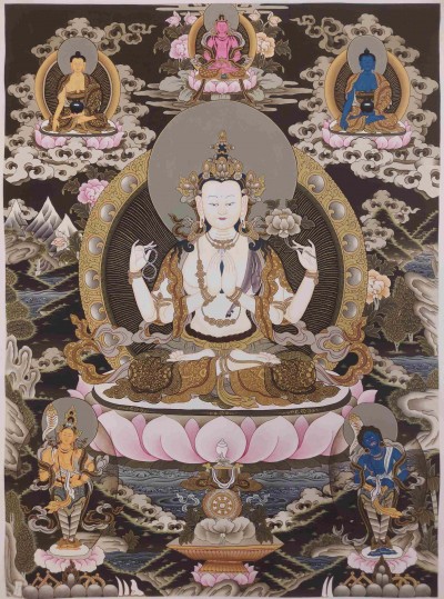 Buddhist Hand Painting Thangka Of Chenrezig, With Shakyamuni Buddha, Aparimita And Ratnasambhava Buddha, [hand Painted, Real Gold], Lamas Art