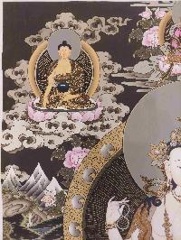 Buddhist Hand Painting Thangka Of Chenrezig, With Shakyamuni Buddha, Aparimita And Ratnasambhava Buddha, [hand Painted, Real Gold], Lamas Art