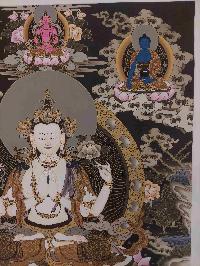 Buddhist Hand Painting Thangka Of Chenrezig, With Shakyamuni Buddha, Aparimita And Ratnasambhava Buddha, [hand Painted, Real Gold], Lamas Art