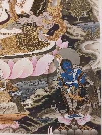 Buddhist Hand Painting Thangka Of Chenrezig, With Shakyamuni Buddha, Aparimita And Ratnasambhava Buddha, [hand Painted, Real Gold], Lamas Art