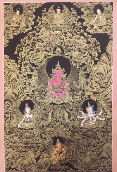 Buddhist Hand Painting Thangka Of Aparimita Amitayus, Surrounded By Tsongkhapa, White Tara, Namgyalma, And Yellow Jambhala, [hand Painted, Real Gold], Lamas Art