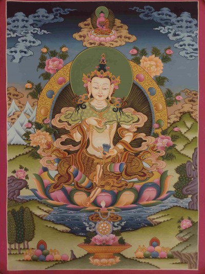 Buddhist Hand Painting Thangka Of Vajrasattva - Dorje Sempa, Amitabha Buddha On Top [hand Painted, Real Gold], Lamas Art, Coffee Wash Color