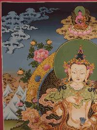 Buddhist Hand Painting Thangka Of Vajrasattva - Dorje Sempa, Amitabha Buddha On Top [hand Painted, Real Gold], Lamas Art, Coffee Wash Color