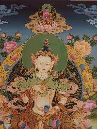 Buddhist Hand Painting Thangka Of Vajrasattva - Dorje Sempa, Amitabha Buddha On Top [hand Painted, Real Gold], Lamas Art, Coffee Wash Color