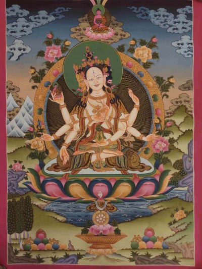 Buddhist Hand Painting Thangka Of Namgyalma [hand Painted], Amitabha Buddha On Top Lamas Art, Coffee Wash Color
