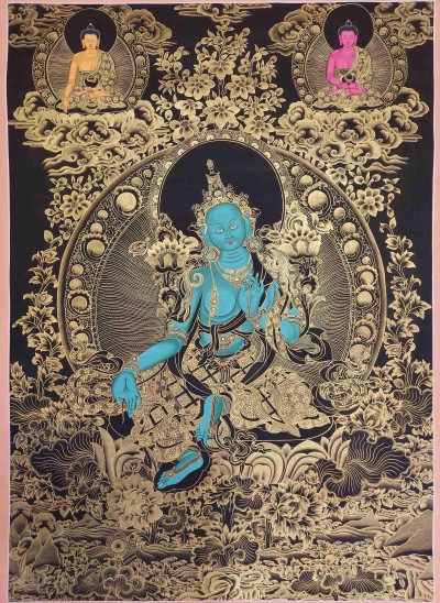 Buddhist Hand Painting Thangka Of Green Tara Surrounded By Shakyamuni Buddha And Amitabha Buddha [hand Painted], Lamas Art