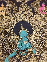 Buddhist Hand Painting Thangka Of Green Tara Surrounded By Shakyamuni Buddha And Amitabha Buddha [hand Painted], Lamas Art
