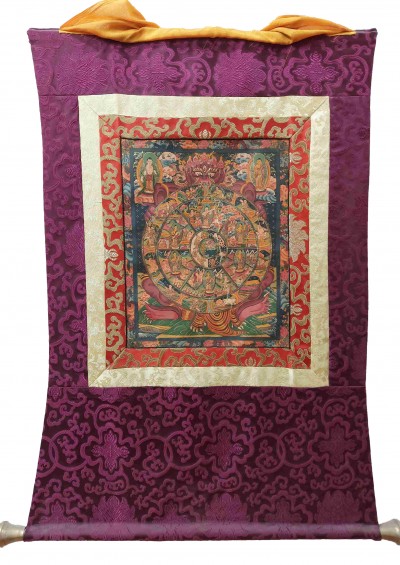 Buddhist Hand Painting Thangka Of Wheel Of Life With Polyester Brocade, [hand Painted]