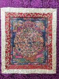Buddhist Hand Painting Thangka Of Wheel Of Life With Polyester Brocade, [hand Painted]