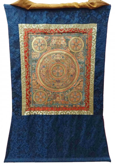 Buddhist Hand Painting Thangka Of Pancha Buddha Mandala With Polyester Brocade, [hand Painted]