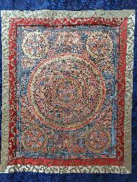 Buddhist Hand Painting Thangka Of Pancha Buddha Mandala With Polyester Brocade, [hand Painted]
