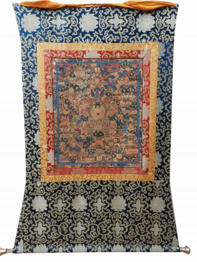 Buddhist Hand Painting Thangka Of Buddha Life Story With Polyester Brocade, [hand Painted]