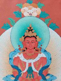 Buddhist Hand Painting Thangka Of Aparimita, Amitayus With Polyester Brocade, [hand Painted], Amitayus, Chepame