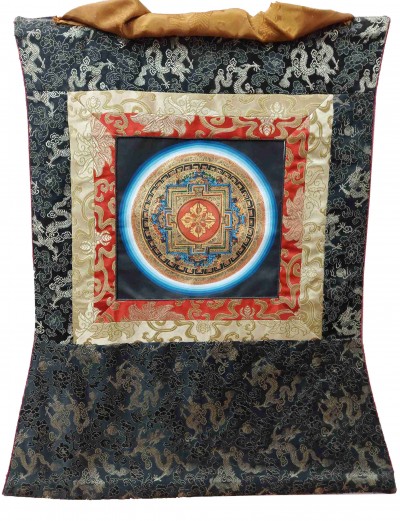 Buddhist Hand Painting Thangka Of Dorje Kalachakra Mandala With Polyester Brocade, [hand Painted], [student Mandala]