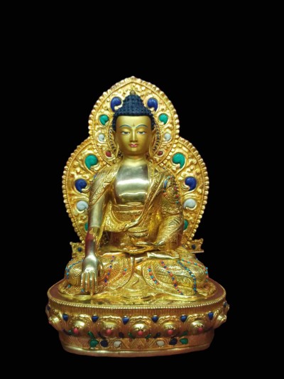 Buddhist Handmade Statue Of Shakyamuni Buddha With Parwa [full Gold Plated, Stone Setting, Face Painted]