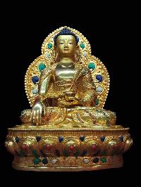 Buddhist Handmade Statue Of Shakyamuni Buddha With Parwa [full Gold Plated, Stone Setting, Face Painted]
