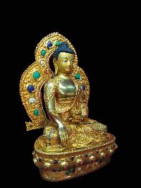 Buddhist Handmade Statue Of Shakyamuni Buddha With Parwa [full Gold Plated, Stone Setting, Face Painted]
