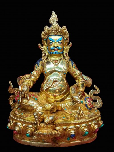 Buddhist Handmade Statue Of Yellow Jambhala, Kuber [full Gold Plated, Stone Setting, Face Painted]