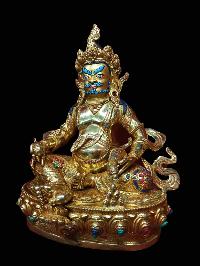 Buddhist Handmade Statue Of Yellow Jambhala, Kuber [full Gold Plated, Stone Setting, Face Painted]
