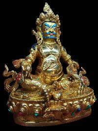 Buddhist Handmade Statue Of Yellow Jambhala, Kuber [full Gold Plated, Stone Setting, Face Painted]