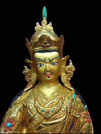 Buddhist Handmade Statue Of Padmasambhava, Guru Rimpoche, [full Gold Plated, Stone Setting, Face Painted]