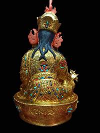Buddhist Handmade Statue Of Padmasambhava, Guru Rimpoche, [full Gold Plated, Stone Setting, Face Painted]