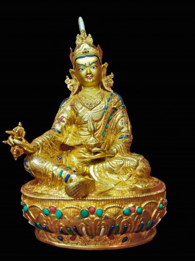 Buddhist Handmade Statue Of Padmasambhava, Guru Rimpoche, [full Gold Plated, Stone Setting, Face Painted]