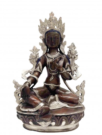 Buddhist Handmade Statue Of Green Tara, [chocolate And Silver Oxidized]