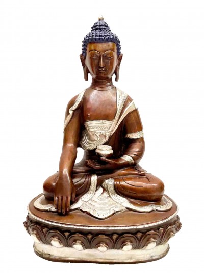 Buddhist Handmade Statue Of Shakyamuni Buddha, [chocolate And Silver Oxidized]